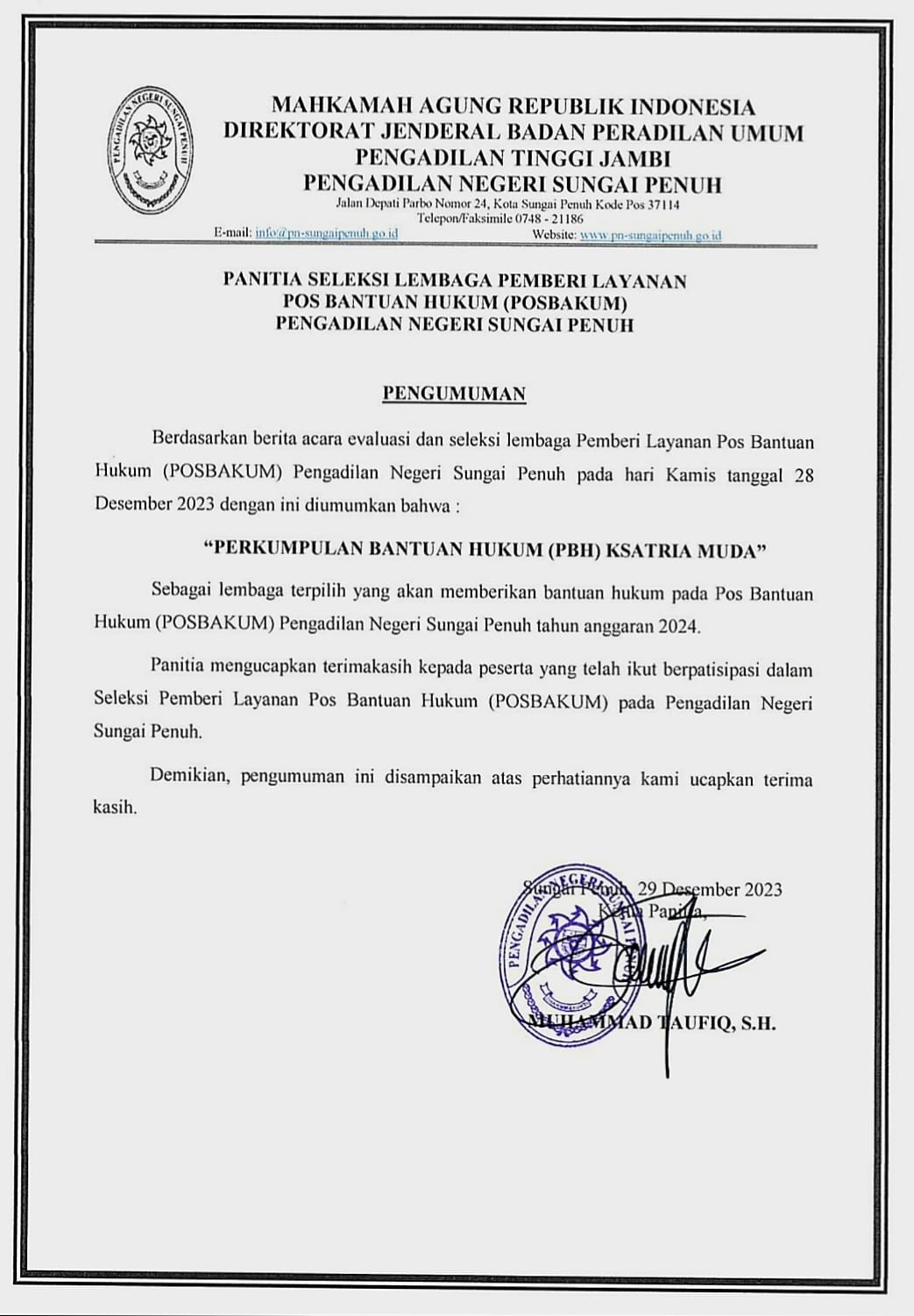 Penetapan Posbakum T.A. 2024 